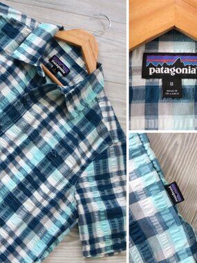 Patagonia Puckerware Men's Blue Plaid Seersucker Shirt Size M Spring Outdoors